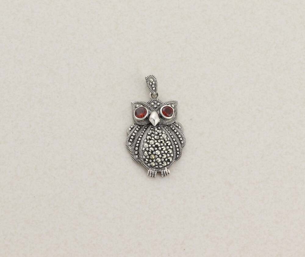 Pendant Only Sterling Silver Natural Garnet Marcasite Owl Pendant 1 1/4" x 3/4" - Picture 5 of 7